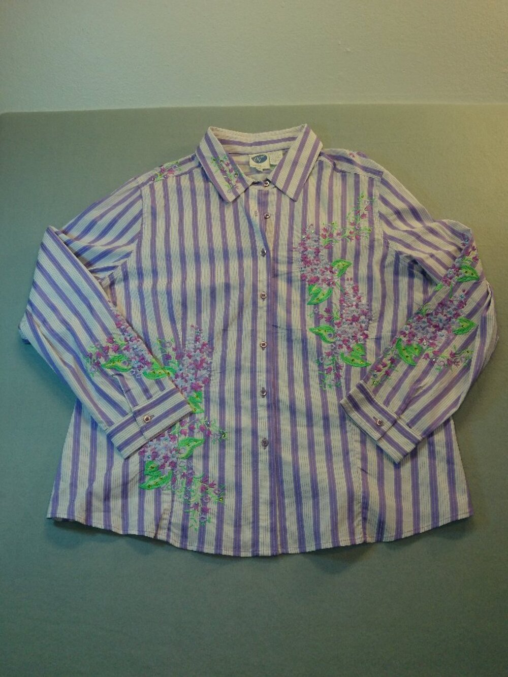 Womens Embroidered Stripe Shirt Floral Button Down DG2 Size 2X